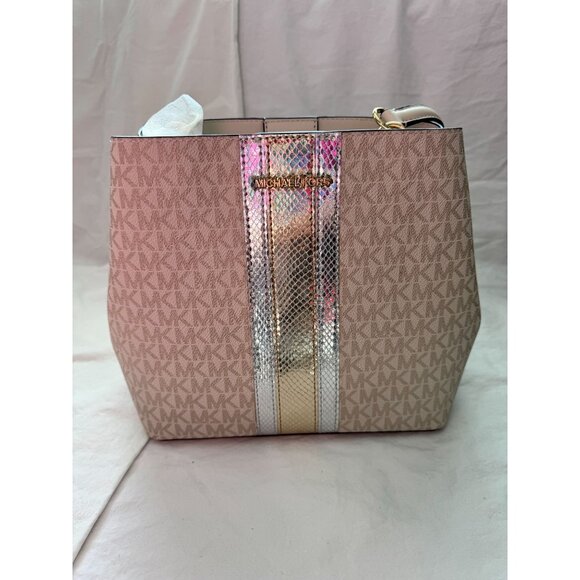 Michael Kors Pratt Medium Bucket‎ Shoulder Bag Pale Gold Leather Logo Stripe - Picture 1 of 7